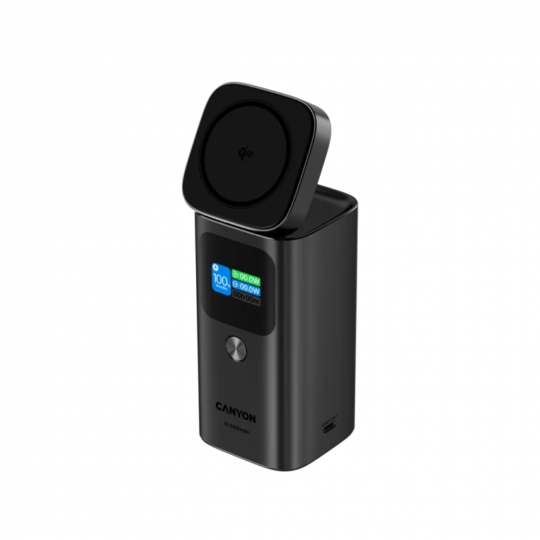 Външна батерия Canyon OnPower 150 15000mAh Qi2 магнитно безжично зареждане тъмно сива