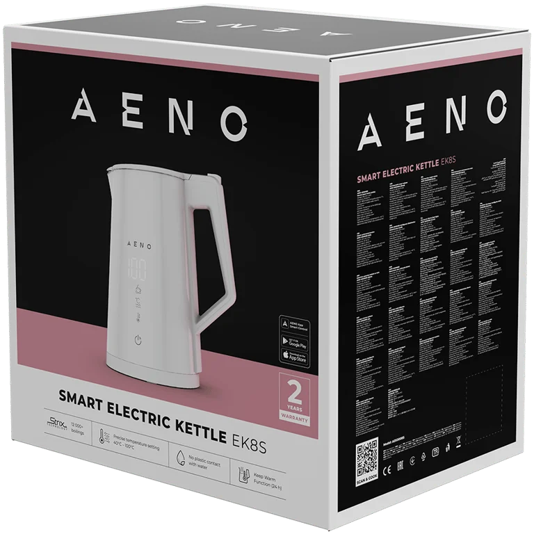 Електрическа кана AENO EK8S, 1.7L, 1850-2200W, Strix, двойни стени, Wi-Fi управление, LED дисплей, функция поддържане на топлина, контрол на температурата, бяла