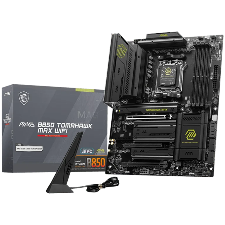 MSI MAG B850 TOMAHAWK MAX WIFI, ATX, Socket AM5, 4x DDR5 Dual Channel DDR5 up to 8400(OC)MHz, 3x PCIe 3.0 x16 slot, 4x M.2 slot, 4x USB 2.0, 1x USB 5Gbps, 2x USB 10Gbps, 3x USB 10Gbps Type-C, HDMI, 7.1 HD Audio, 5G LAN, WiFI 7, BT, 3Y
