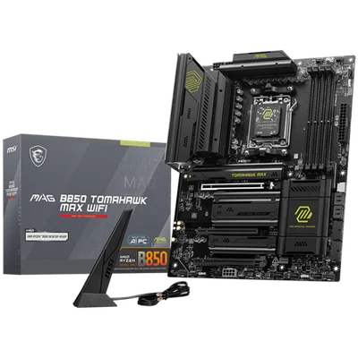 MSI MAG B850 TOMAHAWK MAX WIFI, ATX, Socket AM5, 4x DDR5 Dual Channel DDR5 up to 8400(OC)MHz, 3x PCIe 3.0 x16 slot, 4x M.2 slot, 4x USB 2.0, 1x USB 5Gbps, 2x USB 10Gbps, 3x USB 10Gbps Type-C, HDMI, 7.1 HD Audio, 5G LAN, WiFI 7, BT, 3Y