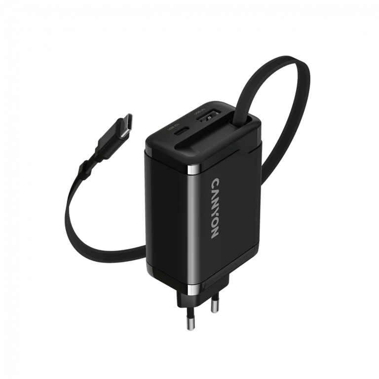 CANYON charger OnCharge 65RC Build-In Cable USB-C 65W 1xPD 1xQC EU Black