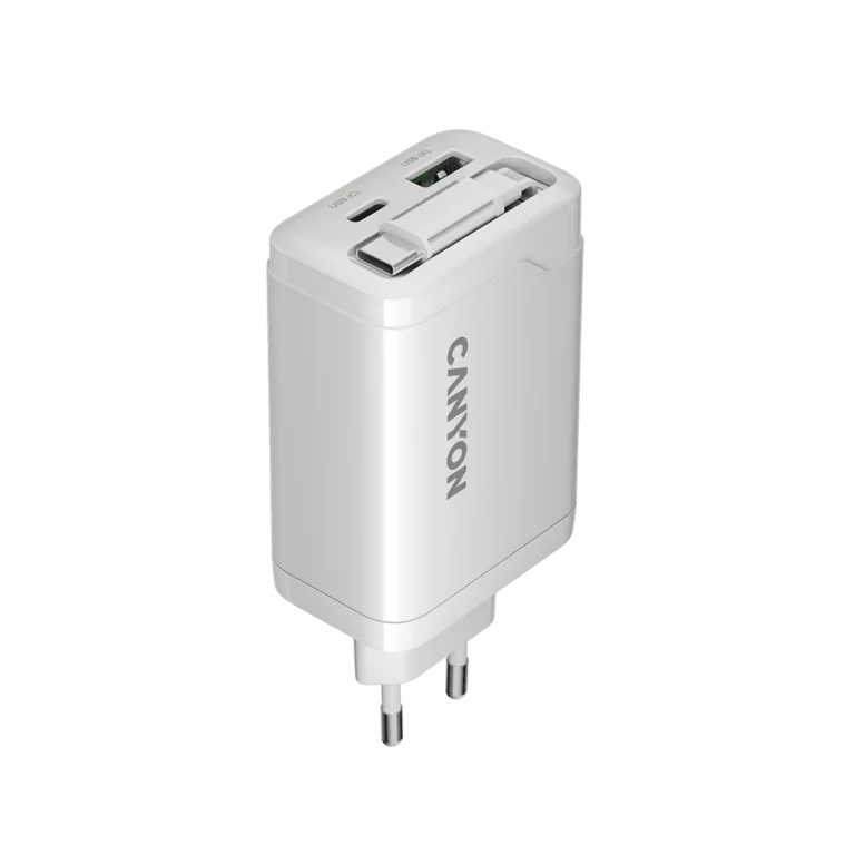 Захранващ адаптер CANYON – OnCharge 65RC, 65W, GaN, USB-C/USB-A, бял