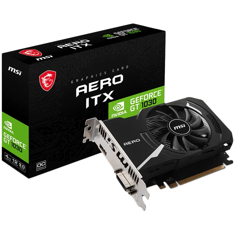 MSI Video Card Nvidia GeForce GT 1030 AERO ITX 4GHD4 OC, 4GB DDR4, 64-bit, 2100MHz Memory Speed, 1430MHz Boost, 384 CUDA Cores, 1x DVI-D, HDMI 2.1, 300W Recommended PSU, 3Y