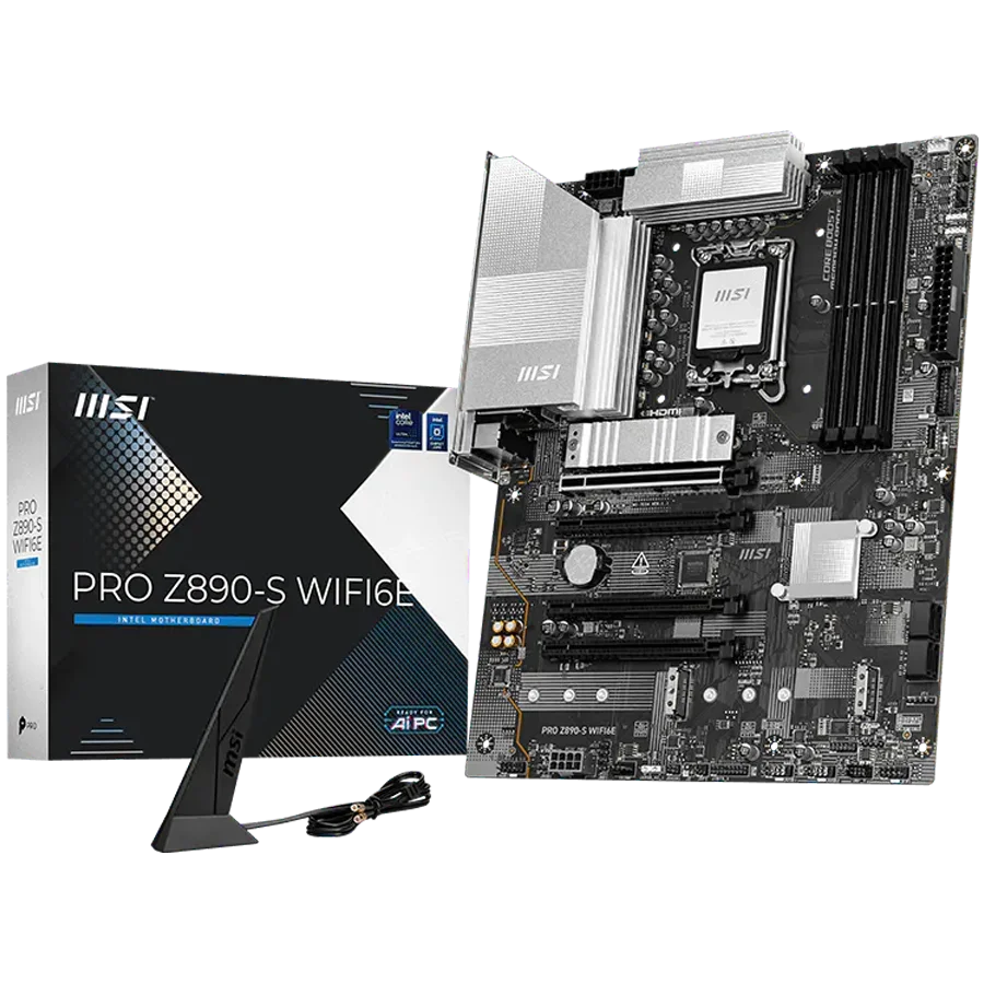 MSI PRO Z890-S WIFI6E, LGA 1851, Dual Channel DDR5 up to 8800(OC)MHz, 4x PCIe x16 slots, 3x M.2 slot, 6x USB 3.2 Gen 1, 1x USB 3.2 Gen 2x2 Type-C, 1x HDMI, 1x DP, 2.5Gbps LAN, WIFI6E, 7.1 Audio, 3Y