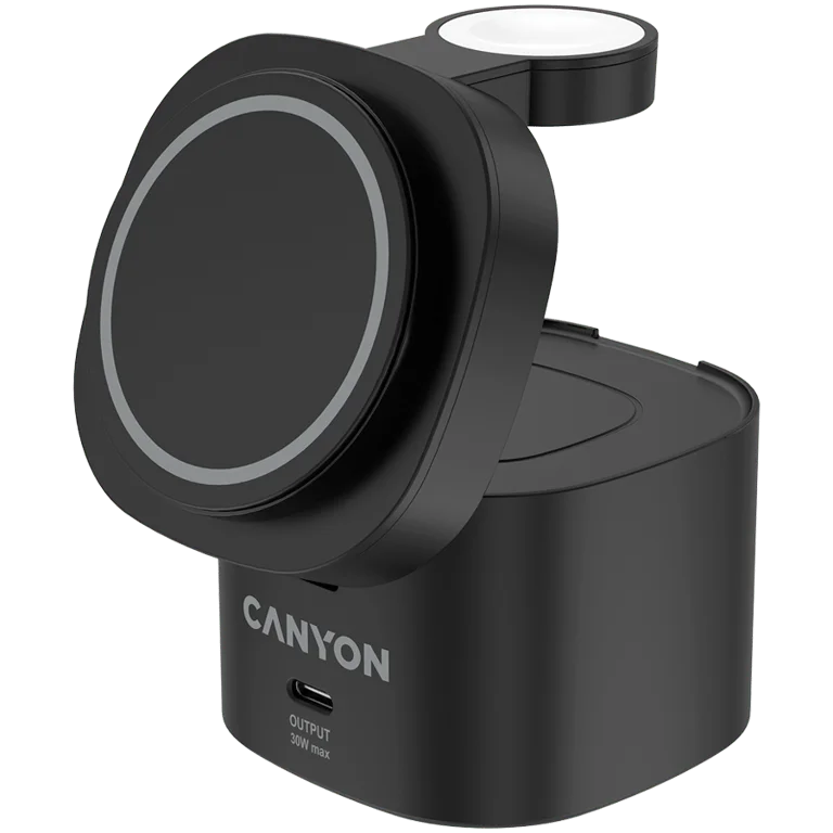 Безжична зарядна станция Canyon OnCharge 405, 4-в-1, Qi2, 15W, с 65W адаптер, черен