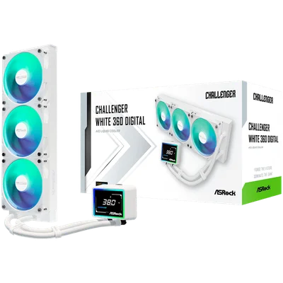 Охладител за процесор ASRock Challenger White 360 Digital 90-ACLA36-WAAGA6, AiO, ARGB, LCD дисплей, 360 мм радиатор, Бял