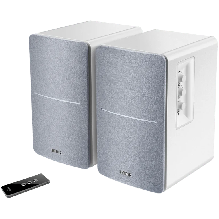Edifier R1280T 2.0 Bookshelf Speakers, RCA, 0.5-inch Tweeters, 4-inch Drivers, 42W (RMS), Control Knobs and Remote Control, White