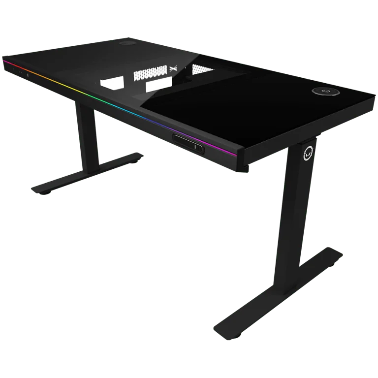 Dual-motor sit/stand adjustable-height gaming desk with built-in PC case, wireless charger, RGB lighting, control panel, and USB ports, tempered glass tabletop, black.