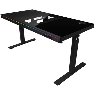 Dual-motor sit/stand adjustable-height gaming desk with built-in PC case, wireless charger, RGB lighting, control panel, and USB ports, tempered glass tabletop, black.