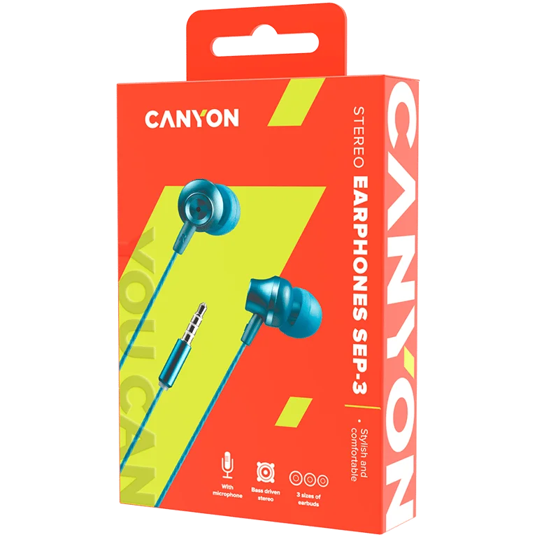 Слушалки CANYON SEP-3 с микрофон, стерео, кабел 1.2 м, синьо-зелени