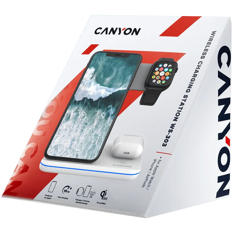 Безжично зарядно CANYON WS-303 15W 3 в 1, бяло