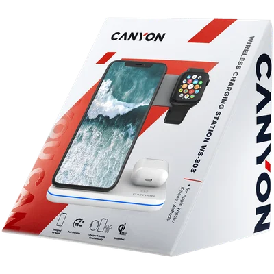 Безжично зарядно CANYON WS-303 15W 3 в 1, бяло