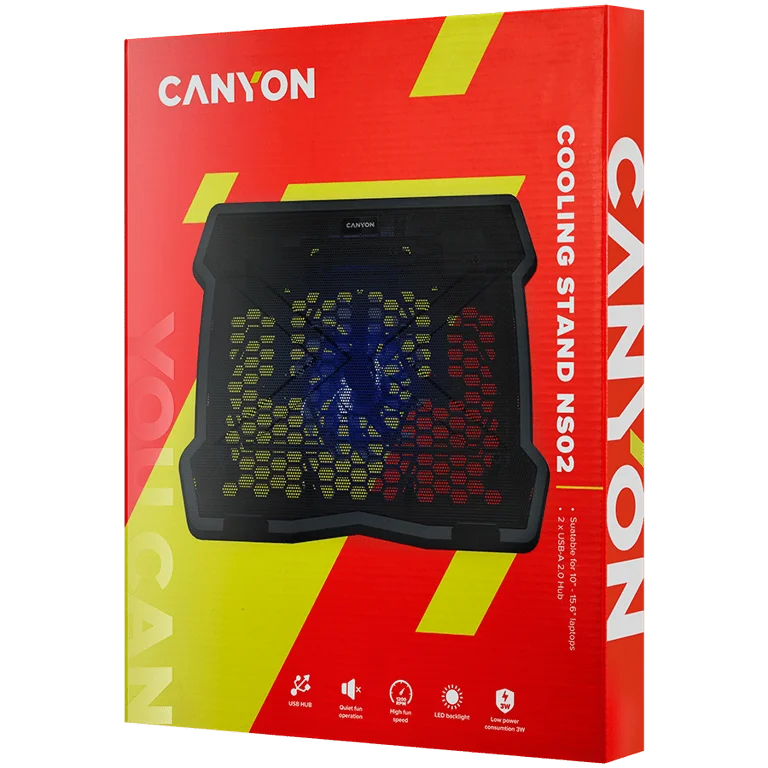 CANYON NS02, Cooling stand single fan with 2x2.0 USB hub, support up to 10”-15.6” laptop, ABS plastic and iron, Fans dimension:125*125*15mm(1pc), DC 5V, fan speed: 800-1000RPM, size:340*265*30mm, 406g