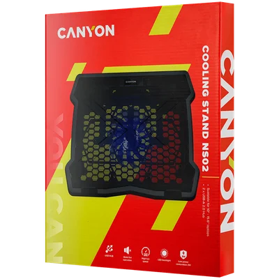 CANYON NS02, Cooling stand single fan with 2x2.0 USB hub, support up to 10”-15.6” laptop, ABS plastic and iron, Fans dimension:125*125*15mm(1pc), DC 5V, fan speed: 800-1000RPM, size:340*265*30mm, 406g