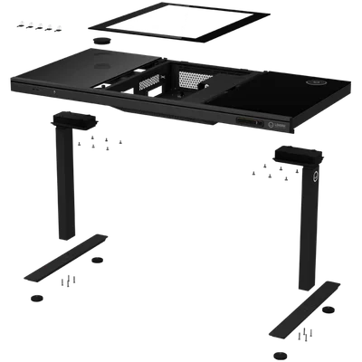 Dual-motor sit/stand adjustable-height gaming desk with built-in PC case, wireless charger, RGB lighting, control panel, and USB ports, tempered glass tabletop, black.