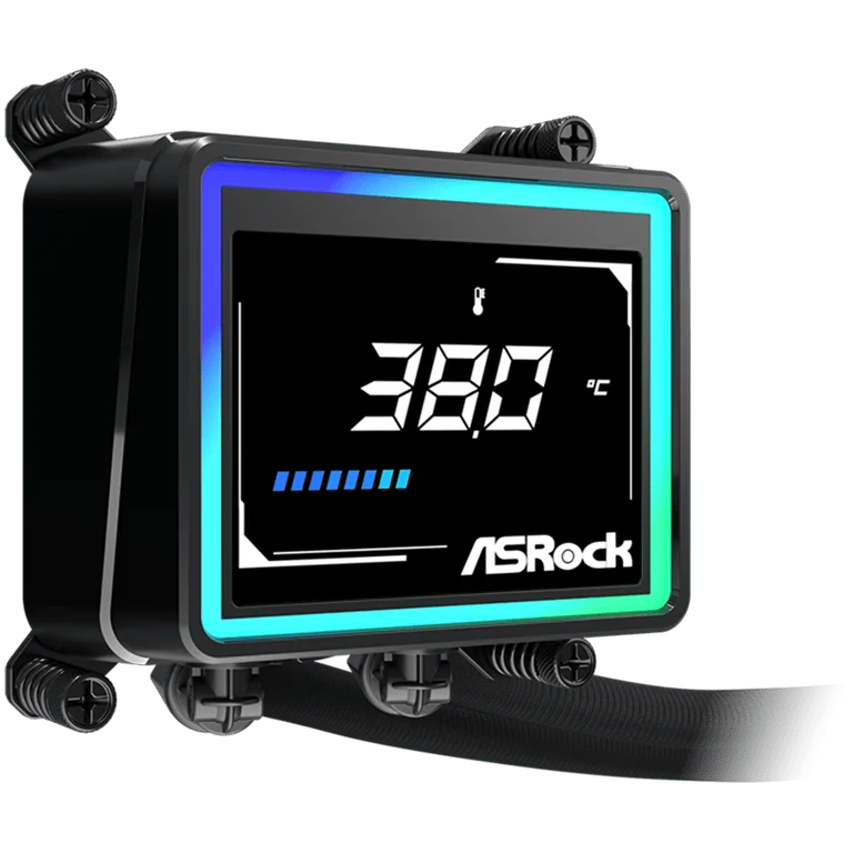Охладителна система ASROCK Challenger 240 Digital 90-ACLA36-BAAGA6, водно охлаждане, ARGB, дигитален дисплей, 240 мм радиатор, черен