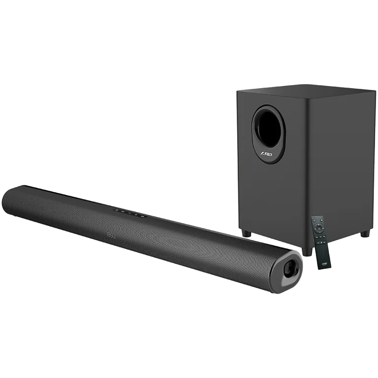 F&D HT-330 2.1 TV Soundbar with Wired Subwoofer, 80W RMS (20Wx2+40W), Full-range speaker: 50x90mm + 6.5'' Subwoofer, BT 5.0/Optical/AUX/HDMI/USB/LED Display/Remote Control/Wooden/Black