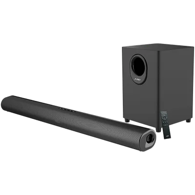 F&D HT-330 2.1 TV Soundbar with Wired Subwoofer, 80W RMS (20Wx2+40W), Full-range speaker: 50x90mm + 6.5'' Subwoofer, BT 5.0/Optical/AUX/HDMI/USB/LED Display/Remote Control/Wooden/Black
