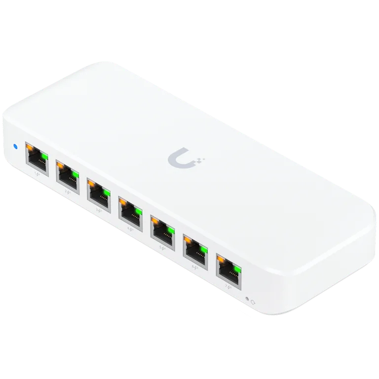 Ubiquiti USW-Ultra-210W-EU compact, Layer 2, 8-port GbE PoE switch with versatile mounting options, 7x GbE PoE+ output ports, GbE port with optional PoE++ input, 202W PoE availability with the included AC power adapter