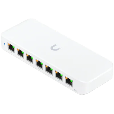 Ubiquiti USW-Ultra-210W-EU compact, Layer 2, 8-port GbE PoE switch with versatile mounting options, 7x GbE PoE+ output ports, GbE port with optional PoE++ input, 202W PoE availability with the included AC power adapter