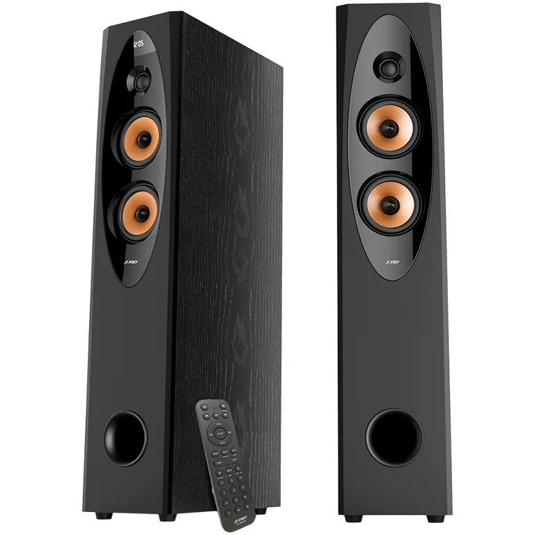 F&D T-60X PRO 2.0 Floorstanding Speakers, 120W RMS ( 60Wx2), 1'' Tweeter + 4'' Speakers x2 + 8'' Subwoofer for each channel, BT 5.3/Optical/COAXIAL/AUX/USB/Karaoke function/LED Display/Remote control/Microphone/Wooden, Touch buttons, Black