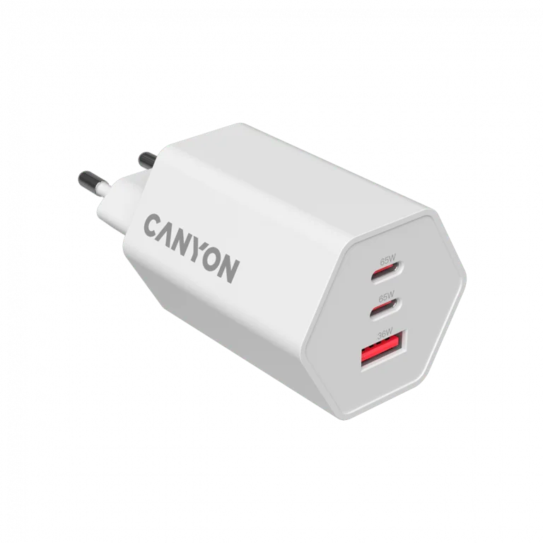 Захранващ адаптер CANYON Hexagon 65 GaN 65W, 2x USB Type-C Power Delivery, 1x USB Type-A QC, EU, Бял
