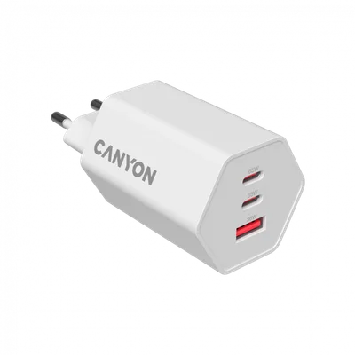 Захранващ адаптер CANYON Hexagon 65 GaN 65W, 2x USB Type-C Power Delivery, 1x USB Type-A QC, EU, Бял