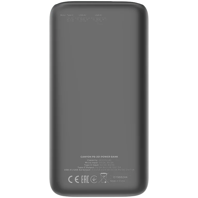 CANYON power bank PB-301 LED 30000 mAh PD 20W QC 3.0 Black