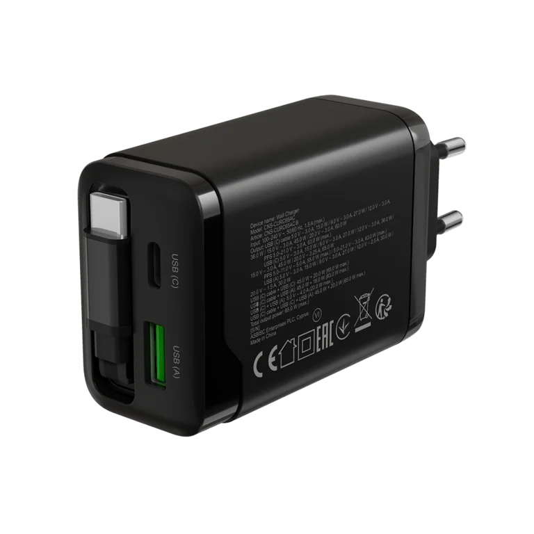 CANYON charger OnCharge 65RC Build-In Cable USB-C 65W 1xPD 1xQC EU Black