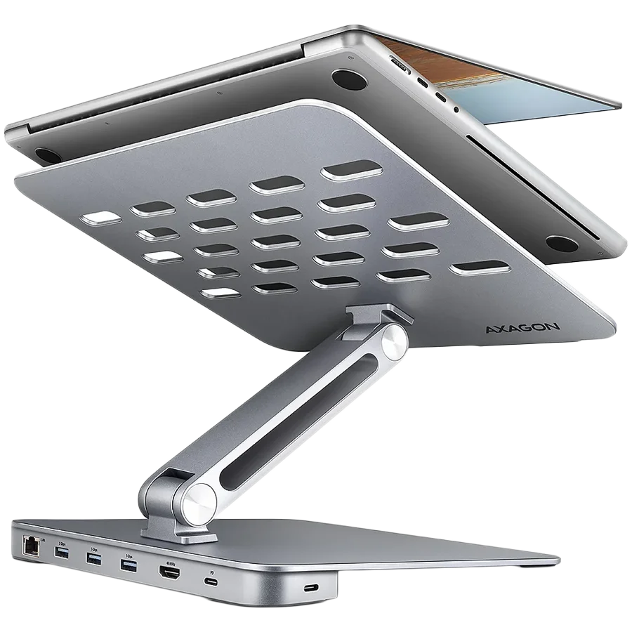 AXAGON HMC-STND ALU stand with HUB 5Gbps, for 10" - 16" laptops, adjustable, 3x USB-A, HDMI 4K/60Hz, GLAN, PD 100W, USB-C input