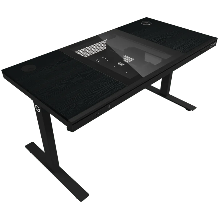 Гейминг бюро Lorgar Elite 90 с вградено PC шаси, двумоторно електрическо регулиране, безжично зареждане, RGB осветление, контролен панел и USB портове, меламинова повърхност, черен