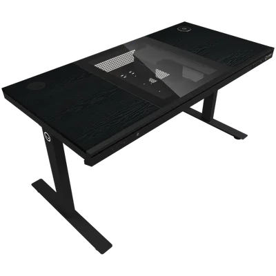 Гейминг бюро Lorgar Elite 90 с вградено PC шаси, двумоторно електрическо регулиране, безжично зареждане, RGB осветление, контролен панел и USB портове, меламинова повърхност, черен