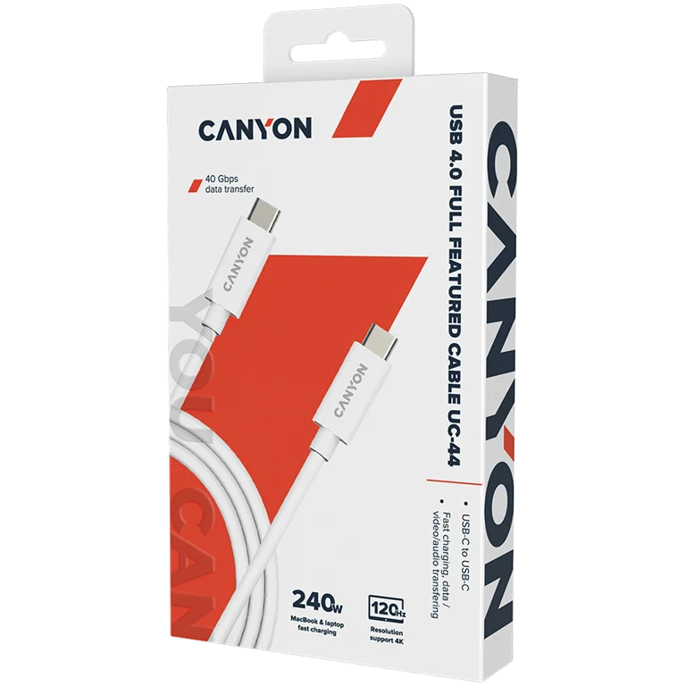 USB4 кабел CANYON UC-44 USB-C към USB-C 1m 40Gbps 240W E-MARK Бял