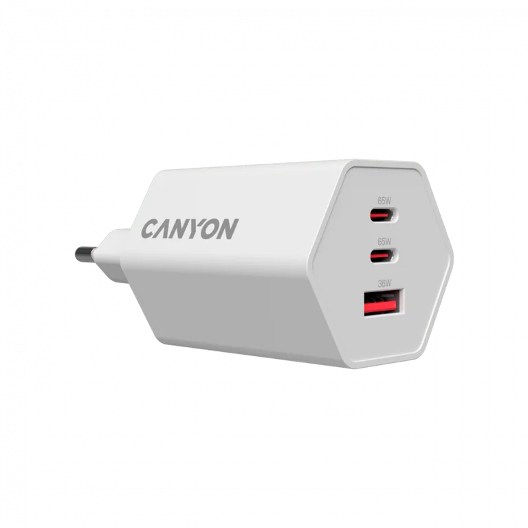 Захранващ адаптер CANYON Hexagon 65 GaN 65W, 2x USB Type-C Power Delivery, 1x USB Type-A QC, EU, Бял
