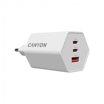 Захранващ адаптер CANYON Hexagon 65 GaN 65W, 2x USB Type-C Power Delivery, 1x USB Type-A QC, EU, Бял