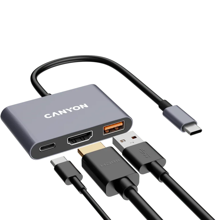 USB хъб Canyon DS-4 3-в-1 USB-C, сив