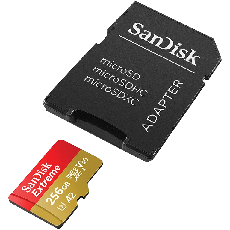 SANDISK Extreme microSDXC 256GB + SD Adapter + 1 year RescuePRO Deluxe up to 190MB/s & 130MB/s Read/Write speeds A2 C10 V30 UHS-I U3