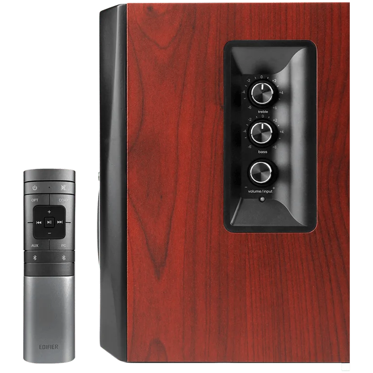 Edifier S350DB 2.1 Audio System, BT V5.1, Optical, Coaxial, RCA, 8-inch Subwoofer, 3.5-inch Drivers, 0.75-inch Tweeters, 70W (RMS), Control Knobs and Remote Control, Brown