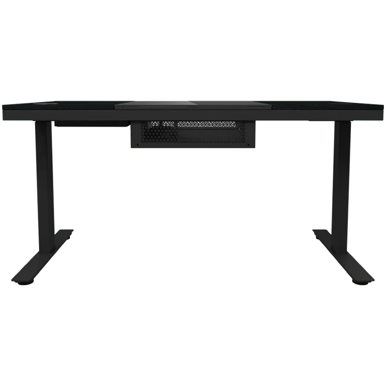 Dual-motor sit/stand adjustable-height gaming desk with built-in PC case, wireless charger, RGB lighting, control panel, and USB ports, tempered glass tabletop, black.