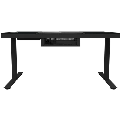 Dual-motor sit/stand adjustable-height gaming desk with built-in PC case, wireless charger, RGB lighting, control panel, and USB ports, tempered glass tabletop, black.