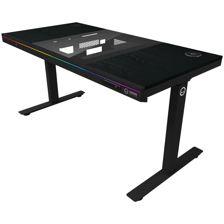 Гейминг бюро Lorgar Elite 90 с вградено PC шаси, двумоторно електрическо регулиране, безжично зареждане, RGB осветление, контролен панел и USB портове, меламинова повърхност, черен