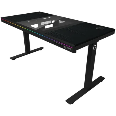 Гейминг бюро Lorgar Elite 90 с вградено PC шаси, двумоторно електрическо регулиране, безжично зареждане, RGB осветление, контролен панел и USB портове, меламинова повърхност, черен