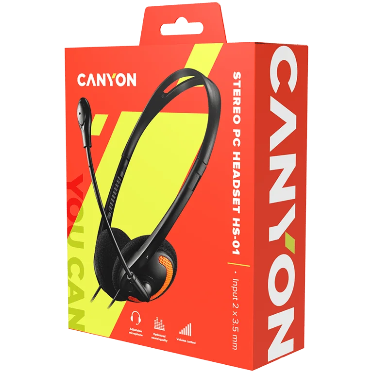 CANYON PC headset with microphone, volume control and adjustable headband, cable 1.8M, Black/Orange