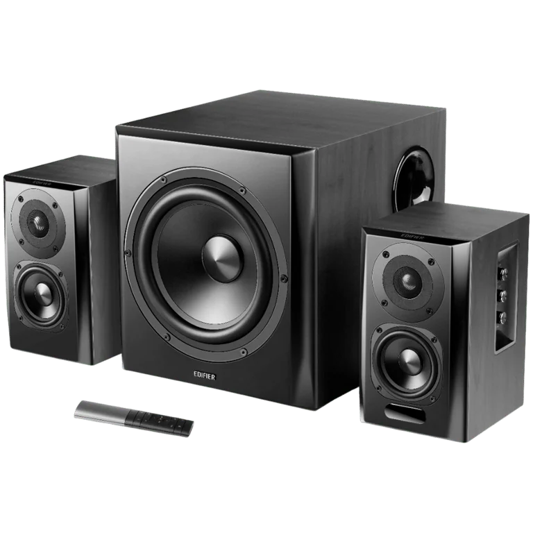 Edifier S351DB 2.1 Audio System, BT V5.1, Optical, Coaxial, RCA, 8-inch Subwoofer, 3.5-inch Drivers, 0.75-inch Tweeters, 150W (RMS), Control Knobs and Remote Control, Black