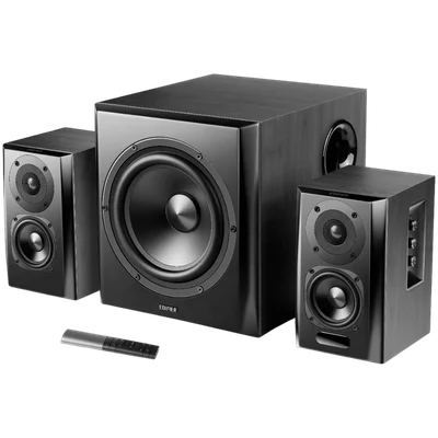Edifier S351DB 2.1 Audio System, BT V5.1, Optical, Coaxial, RCA, 8-inch Subwoofer, 3.5-inch Drivers, 0.75-inch Tweeters, 150W (RMS), Control Knobs and Remote Control, Black
