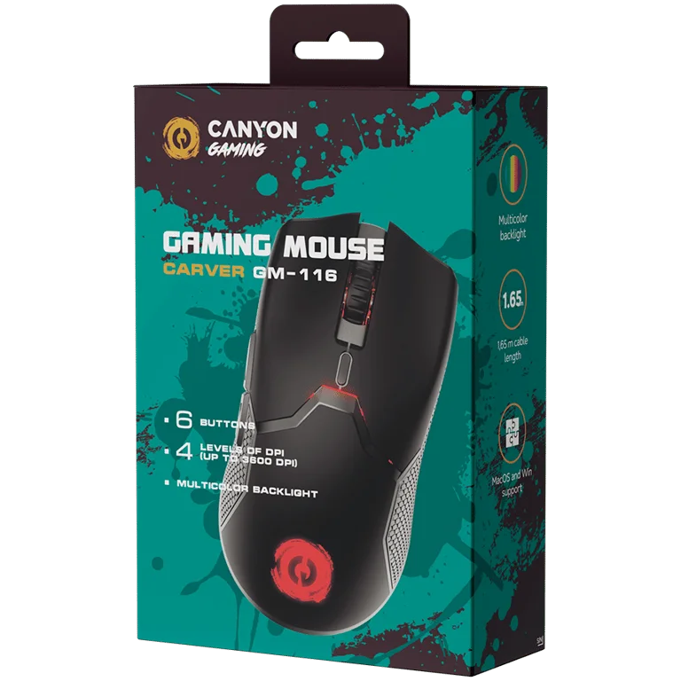 Гейминг мишка CANYON – Carver GM-116, 3600 DPI, RGB подсветка, 6 бутона, черна