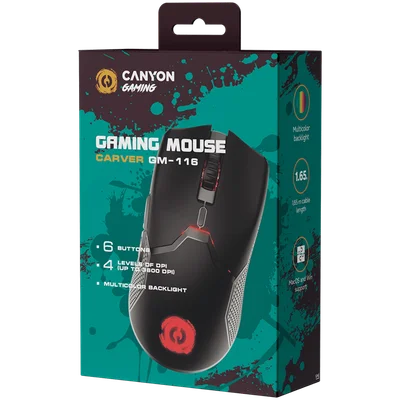 Гейминг мишка CANYON – Carver GM-116, 3600 DPI, RGB подсветка, 6 бутона, черна
