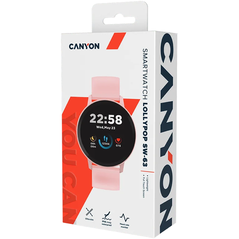 CANYON Lollypop SW-63, Smart watch, 1.3inches IPS full touch screen, Round watch, IP68 waterproof, multi-sport mode, BT5.0, compatibility with iOS and android, Pink, Host: 25.2*42.5*10.7mm, Strap: 20*250mm, 45g