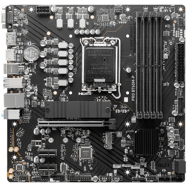 MSI PRO B760M-P, mATX, LGA 1700, Dual Channel DDR5 6800, 1x PCIe x16 slots, 2x M.2 slots, 1x HDMI, 1x DP, 1x VGA, 1x USB 3.2 Gen 2 Type-C, 1x USB 3.2 Gen 1, 4x USB 2.0, 7.1 HD Audio, 1Gbps LAN, 3Y