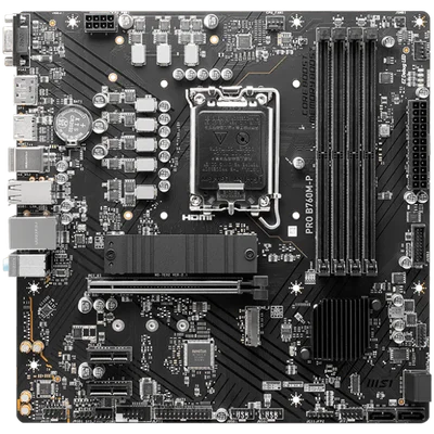 MSI PRO B760M-P, mATX, LGA 1700, Dual Channel DDR5 6800, 1x PCIe x16 slots, 2x M.2 slots, 1x HDMI, 1x DP, 1x VGA, 1x USB 3.2 Gen 2 Type-C, 1x USB 3.2 Gen 1, 4x USB 2.0, 7.1 HD Audio, 1Gbps LAN, 3Y